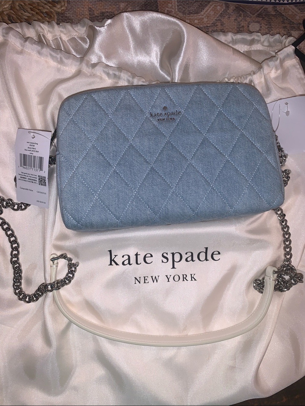 kate spade Light Blue denim Quilted Crossbody mini camera bag with Silver Chain